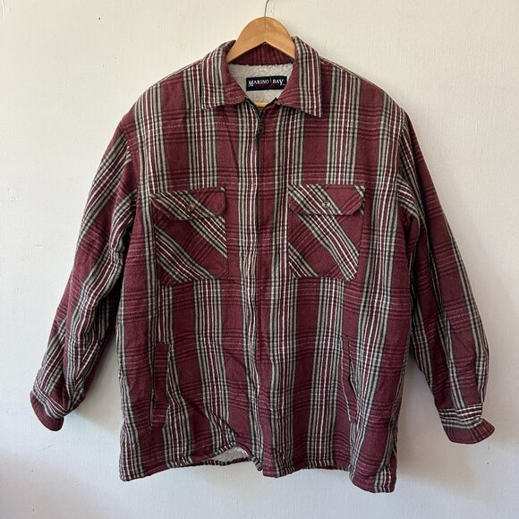 Marino Bay Natural Flannel Coat Womens Large Red Sherpa Lined Zip Front Pockets - Picture 1 of 7